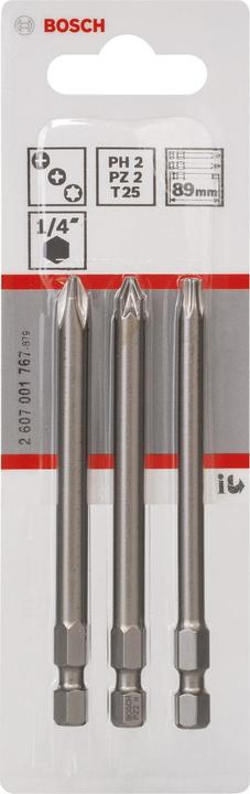 Produktbild Bosch Professional Zubehör Schrauberbit-Set Extra-Hart, 3-teilig, PH2, PZ2, T25, 89 mm (Kreuz Phillips PH)
