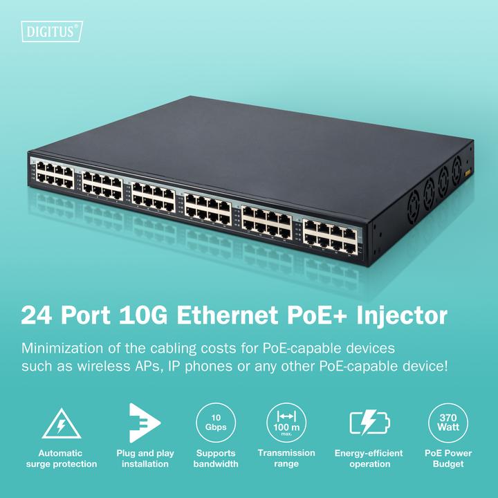Actual product image Digitus 24 port gigabit PoE+ injector (802.3at (PoE+), 370 W)