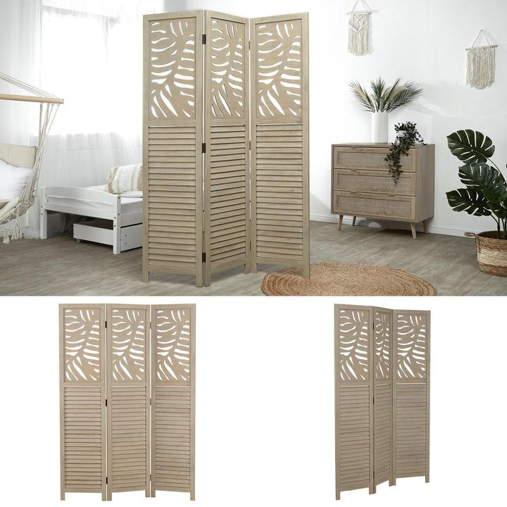 Produktbild Greendeco Room Divider Privacy Screen Paravent 3 Panel Foldable Wooden Screen Sand Beige