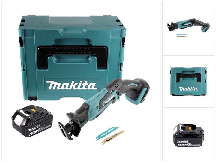 1x Makita DJR 183 cordless Recipro reciprocating saw, 2x saw blade, 1x Makita BL 1860 B 18 V 6.0 Ah battery, 1x Makita Makpac, 1x universal insert, without charger