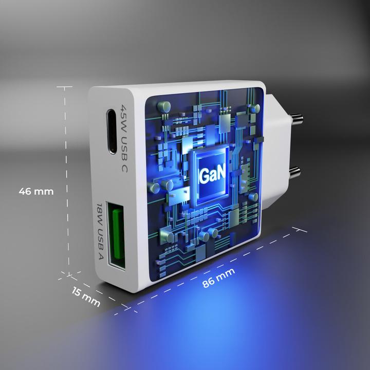 Productafbeelding prio 45W GaN Power Charger PD PPS (USB C) + QC 3.0 (USB A) weiss (45 W, 2 ports)