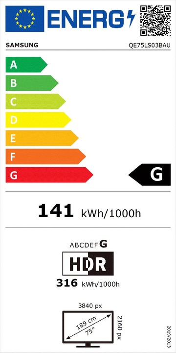 Label énergétique Samsung The Frame QE75LS03B (75", LS03B, QLED, 4K, 2022)