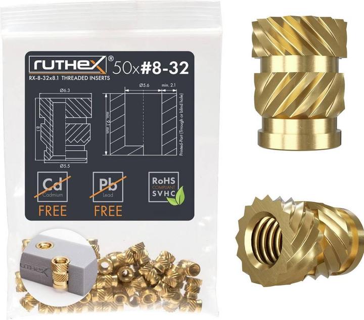 Ruthex #8-32 Gewindeeinsatz Zoll (UNC) - 50 Stück RX-8-32x8.1 Gewindebuchsen aus Messing