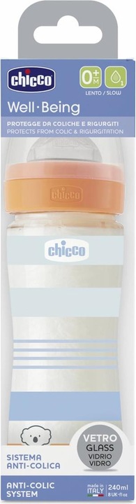 Produktbild Chicco Babyfläschchen, Glas, 0% BPA, 240 ml, physiologischer Sauger Silikon, 1 Loch, langsamer Fluss - BLUE (240 ml)