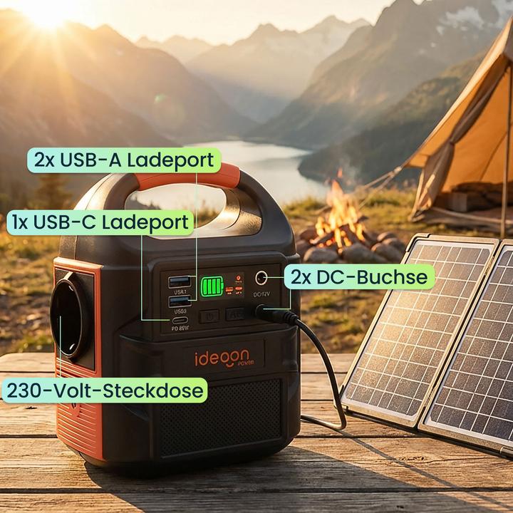 Actual product image Ideoon Mobiles Powerstation Set 88,8Wh mit 20W Solarmodul, 230V Steckdose, 100W, USB-C PD 65W (88.80 Wh, 1.10 kg)