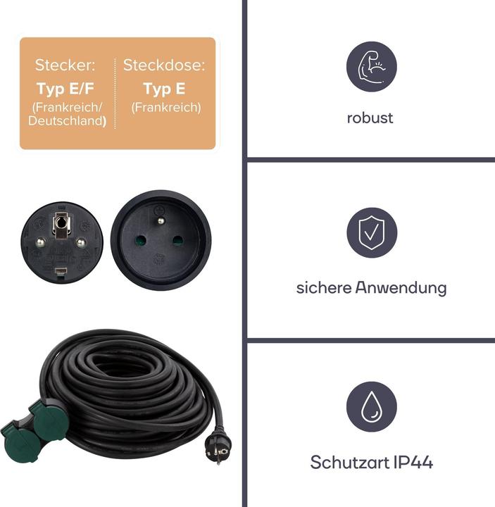 Actual product image Velleman Outdoor Extension Cord With 2 Outlets - Pin Earth - 20 m (20 m, CEE 7/5)