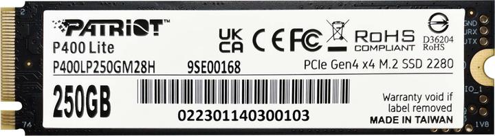 Actual product image Patriot SSD 250GB M.2 P400 Lite PCIe 4x4 NVMe 3200/1300 (250 GB, M.2 2280)
