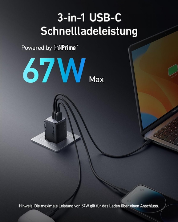 Image du produit Anker 735 Chargeur mural Prime 67W 1A/2C Noir (67 W)