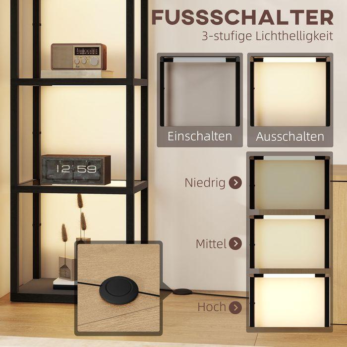 Actual product image Swisshandel24 LED-Stehlampe mit 4-stufigem Regal, Leuchtregal mit 4 Glasfächern, Fussschalter, MDF, Schwarz