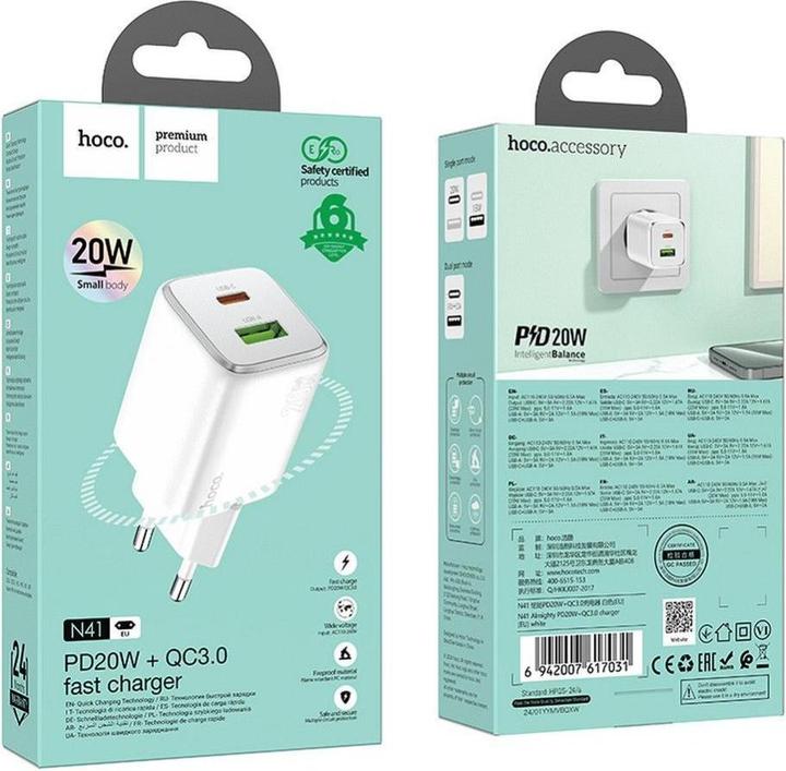Actual product image Hoco Adapter charger USB A + Type C PD QC 3A 20W N41 white (20 W)