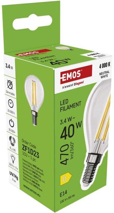 Produktbild Emos LED Lampe Filament Mini Globe / E14 / 3,4 W (40 W) / 470 lm / Neutral Weiss (E14, 470 lm, 1 x)