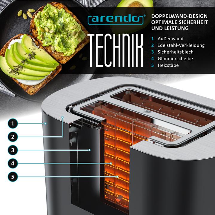 Produktbild Arendo Toaster Edelstahl 2 Scheiben Kurzschlitz, Touch Display, Bräunungsgrad & Restzeitanzeige, 800 W