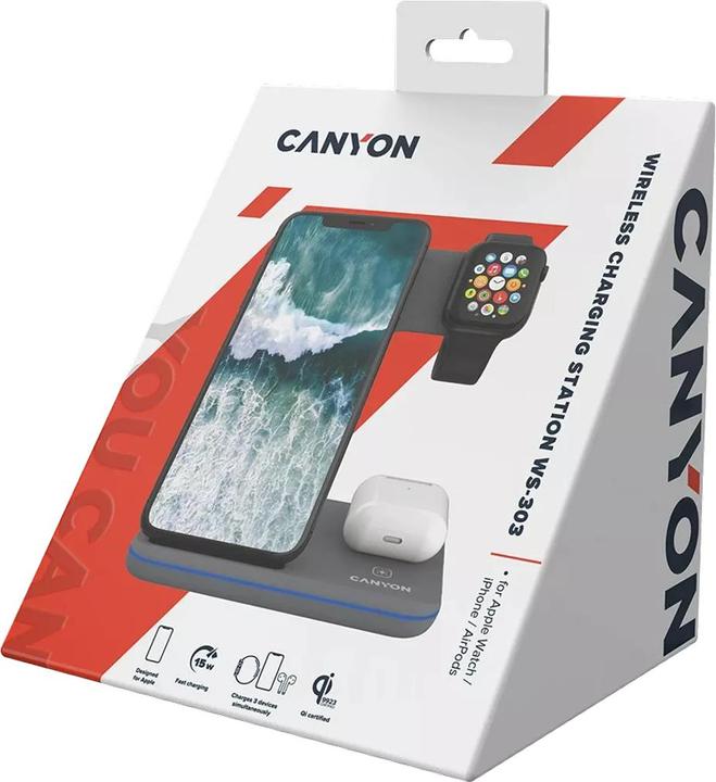 Produktbild Canyon WS-303, kabelloses 3-in-1-Ladegerät, mit Touch-Taste für fliessendes Wasserlicht, Eingang 9 V (15 W)