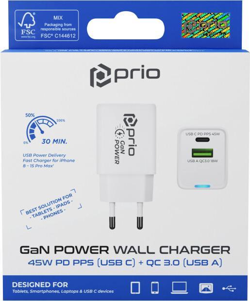Immagine prodotto prio Caricatore da parete GaN Power 45W PD PPS (USB C) + QC 3.0 (USB A) bianco (45 W)