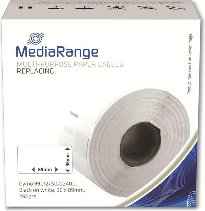 Actual product image MediaRange ge writing tape 36x89mm black/white Dymo 99012/S0722400 260pcs. (8.90 cm, Black, White)