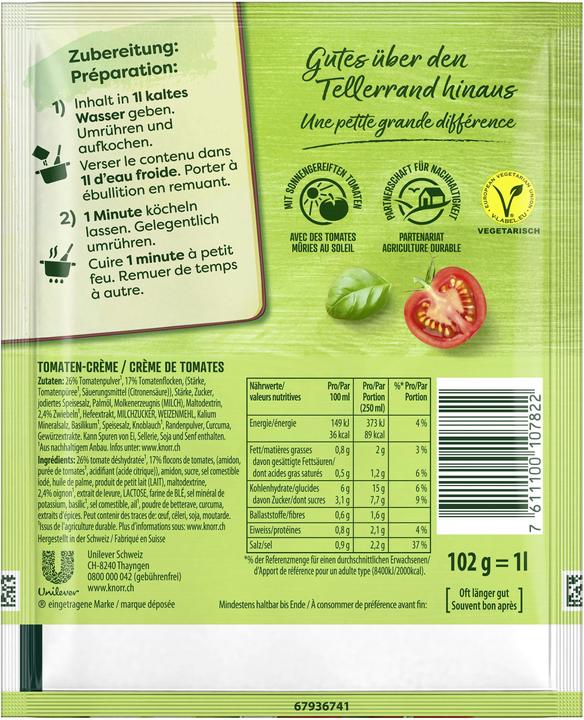 Nährwerte und Zutaten Knorr Tomatencrème Suppe Beutel, Tomatensuppe aus sonnengereiften Tomaten, einfach zubereitet