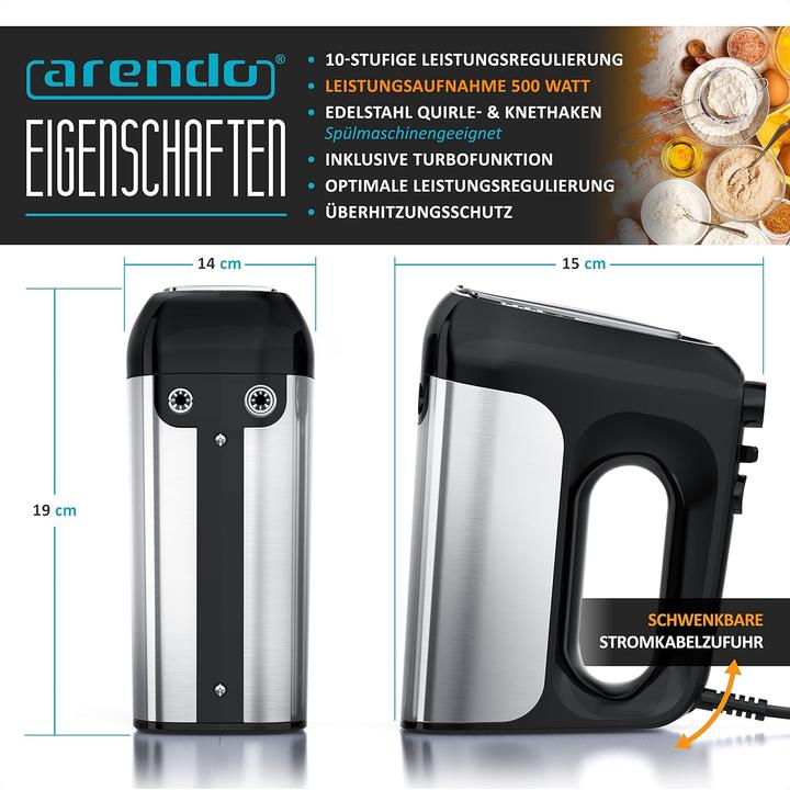 Produktbild Arendo Handmixer inkl. 2 Rührbesen und 2 Knethaken (500 W)