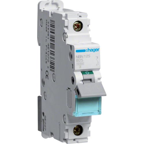 Hager, Schutzschalter, NBN125. Anzahl der Pole: 1P. AC Eingangsfrequenz: 50/60 Hz, Nominale Stromabgabe: 25 A. Breite: 1...