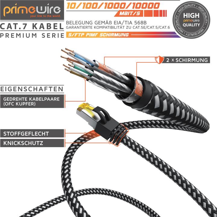 Immagine prodotto Primewire Cavo di rete CAT.7 con rivestimento in cotone, cavo LAN Gigabit Ethernet CAT 7, cavo patch 10000 (S/FTP, CAT7, 15 m)