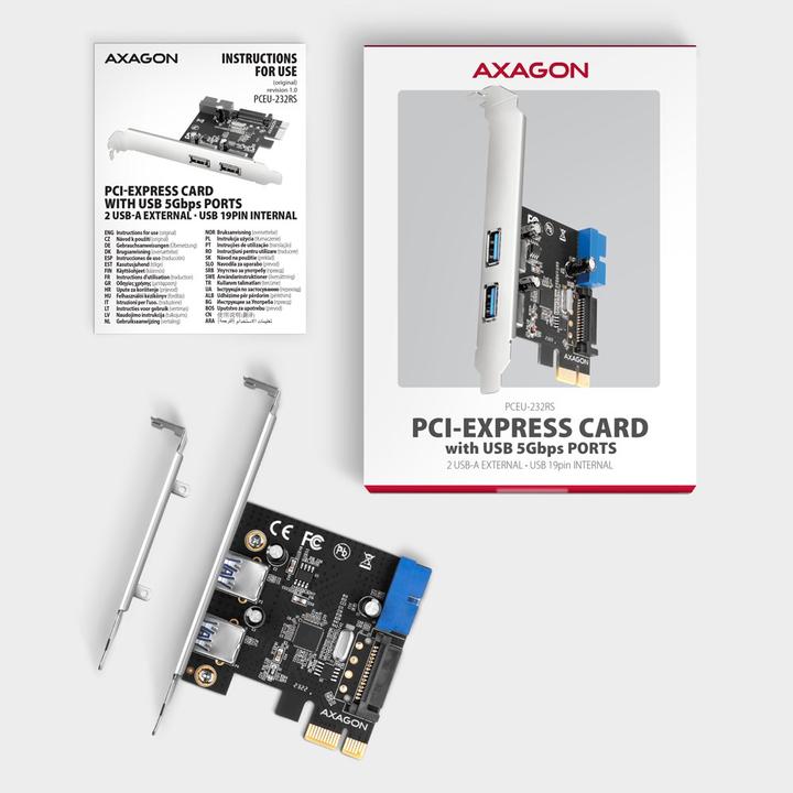 Productafbeelding Axagon PCEU-232RS uitbreidingskaart, PCIe 4.0 x1, 4x USB 3.0, 2x intern - zwart