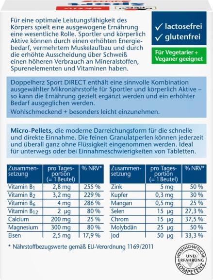 Nutritional values and ingredients Queisser Pharma Doppelherz Sport Direct (20 Piece, Granulate)