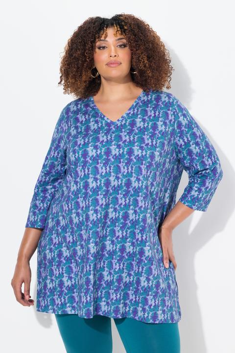 Immagine prodotto Ulla Popken Maglia dal taglio lungo e svasato con design batik, scollo a V e maniche a 3/4 (46, 48)