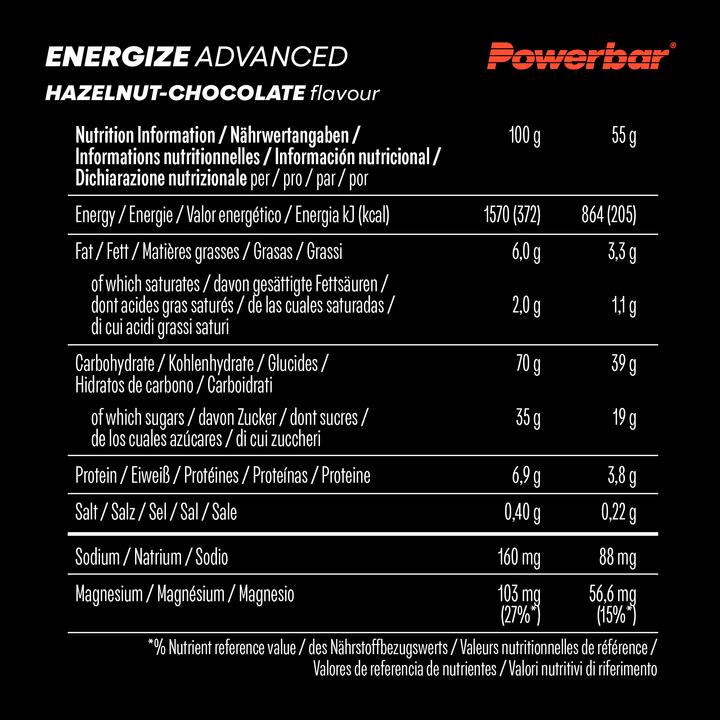 Valeurs nutritives et ingrédients Powerbar Energize Advanced (825 g, 15 pcs)