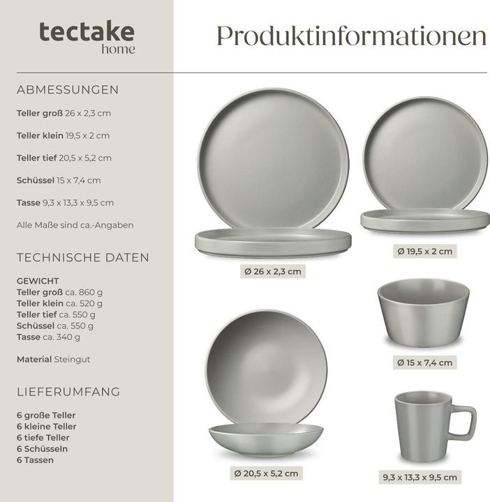 Produktbild tectake Geschirrset Una, aus Steingut, für 6 Personen (30 Stk.)