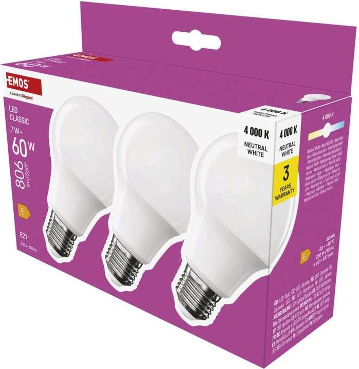 Image du produit Emos Lampe LED Classic A60 / E27 / 7 W (60 W) / 806 lm / Blanc neutre (E27, 7 W, 806 lm, 3 x, E)