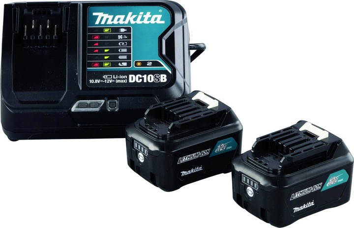 12 V max., 4,0 Ah, ca. 60 Minuten Ladezeit, 1x Schnellladegerät DC10SB, 2x Akku BL1041B CXT
