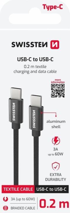 Produktbild Swissten Data Cable Textile USB-C / USB-C 0.2m - Black (0.20 m)