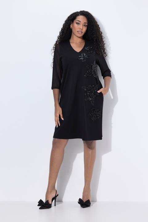Image du produit Ulla Popken Robe en point de Rome, fleurs en paillettes sequins, décolleté en V, manches 3/4 et poches (50, 52)