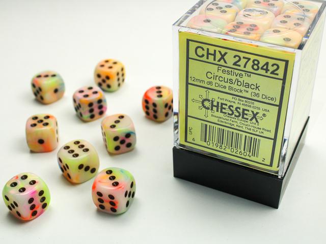 Chessex Festive® 12mm d6 Circus/black Dice Block (36 dice)