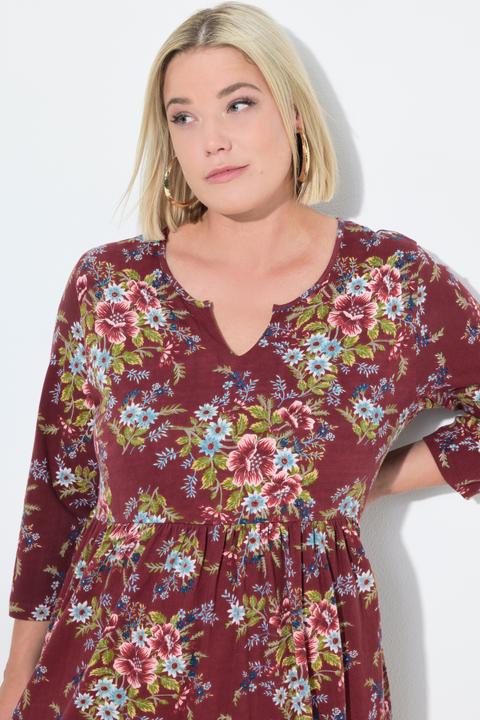 Produktbild Ulla Popken Jersey-Maxikleid, Blüten, A-Linie, Tunika-Ausschnitt, 3/4-Arm (54)