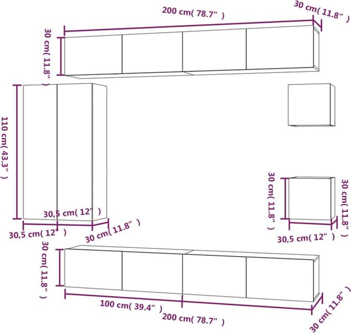 Produktbild VidaXL TV Schrank Set 8-tlg. Grau Sonoma Wohnwand Hängeschrank Schrankwand (30 x 30 x 110 cm)