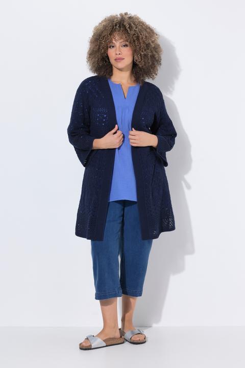 Produktbild Ulla Popken Long-Strickjacke, Ajourstrick, offene Form, 3/4-Arm (42)
