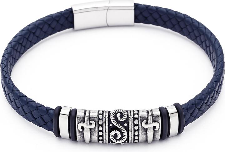 Blu scuro (pelle), Colore argento con dettagli anneriti (acciaio), Nero (anelli in silicone)