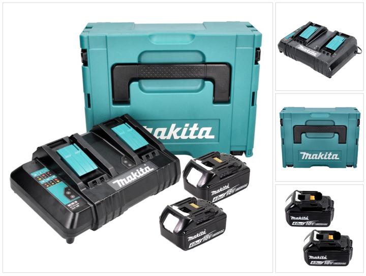 1x Makita DC 18 SH double charger 2x 14.4 V 2x 18 V ( 36 V ) LXT ( 199687-4 ), 2x Makita BL 1840 B 18 V 4.0 Ah battery ( 197265-4 )1830 B 18 V 3.0 Ah battery ( 197599-5 ), 1x Makpac, 1x universal inlay