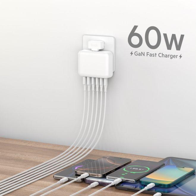 Produktbild Budi 60W 6-Port Ladegerät mit 4× USB-C PD & 2× USB-A QC, 1.5 m Kabel (60 W)