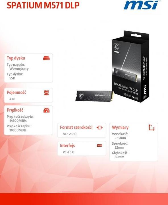 Actual product image MSI SSD 4TB Spatium M571 (M.2 2280) PCIe Gen5 x4 NVMe (4000 GB, M.2, M.2 2280)