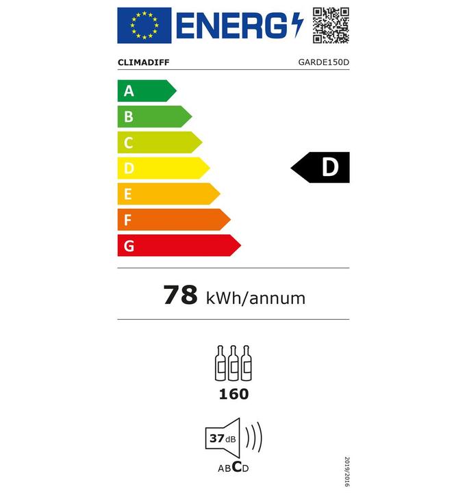 Energie-Label Climadiff Weinkühlschrank GARDE150D Freistehend, 1 Zone, 160