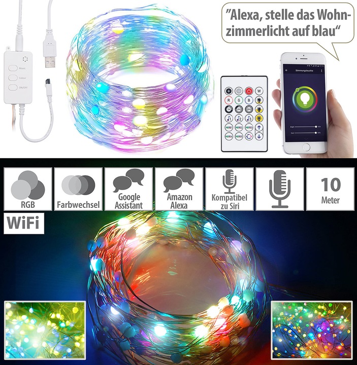 Immagine prodotto Luminea 2 fili luminosi RGB LED con controllo musicale, WLAN e app, USB, 10 m (0.09 m)