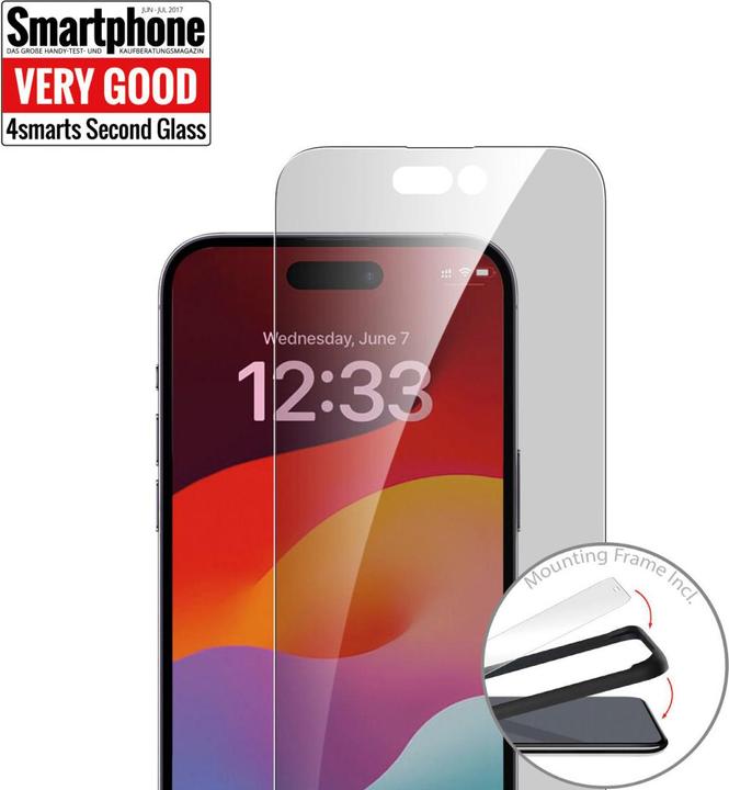 Actual product image 4smarts Second Glass Privacy with mounting frame for Apple iPhone 15 (1 Piece, Apple iPhone 15)