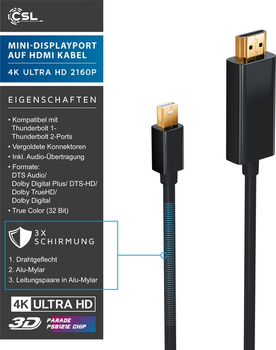 Immagine prodotto CSL Cavo da Mini Displayport a HDMI 4k | Porte Thunderbolt 1 e Thunderbolt 2 | 4K Ultra HD 2160p (3 m, DisplayPort, HDMI)