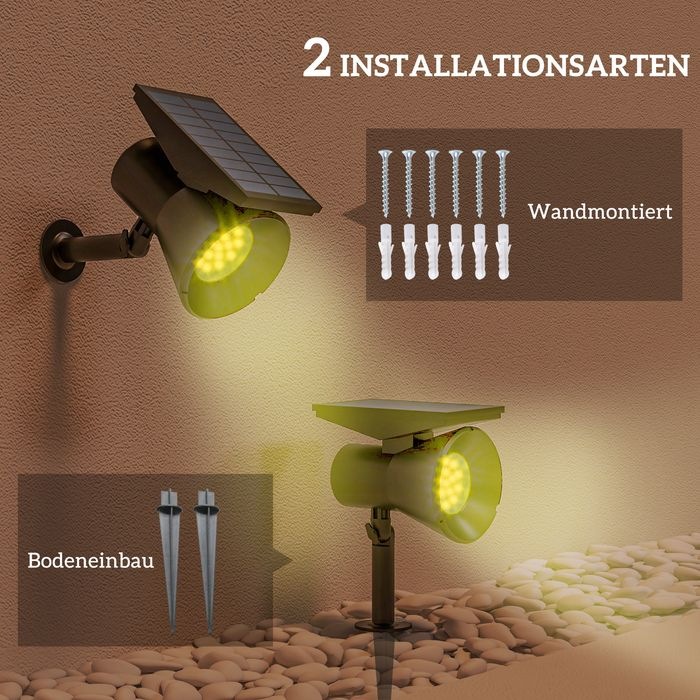 Produktbild Swisshandel24 Solarleuchten, 2 Stück Solarlampen, 2 Lichtfarben, Boden-/Wandmontage, IP54 Wasserdicht, Schwarz (IP54)