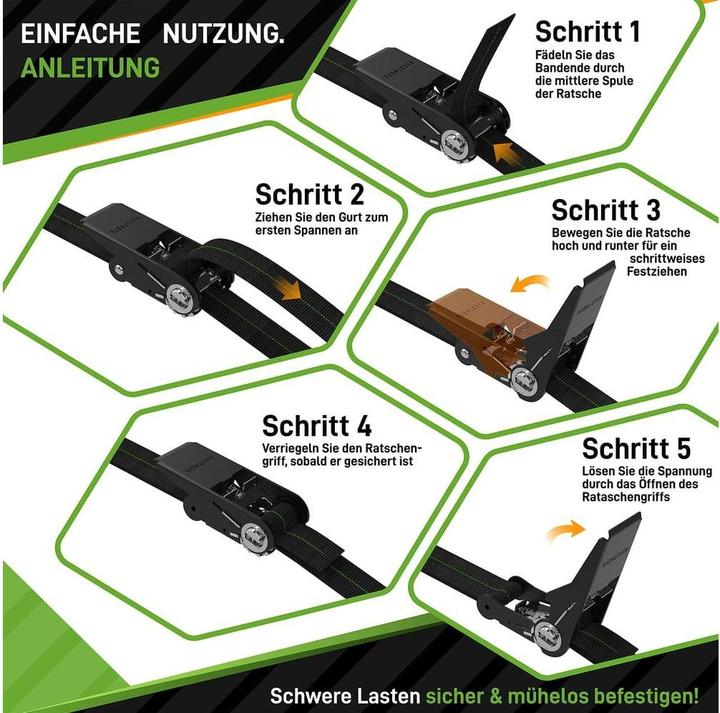 Produktbild Hardtwerk Spanngurte mit Ratschen 4 Stück, 6 Meter, Schwarz