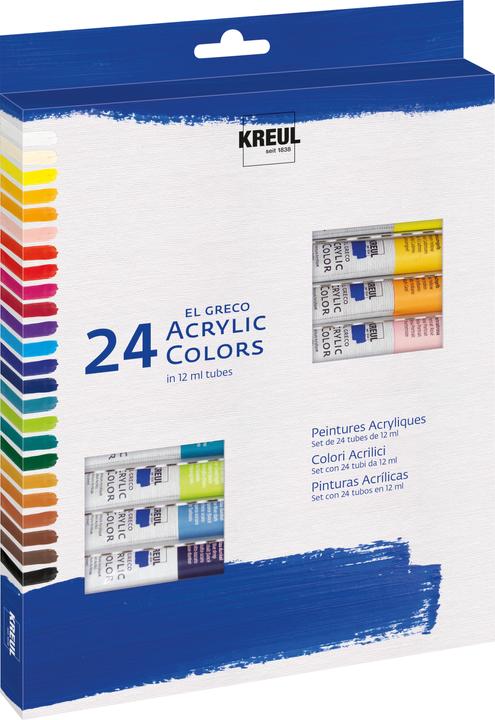 Produktbild Kreul El Greco (Krapprot, Magenta, Ultramarinblau, Laubgrün, Zinnobergrün hell, Echtgelb Zitron, Lichter Ocker, zinnoberrot, Titanweiss, Umbra gebrannt, Azurblau, Elfenbein, Türkisblau dunkel, Kobaltblau dunkel, Kadmiumgelb, Chromoxidgrün, Brillantviolett, Schwarz, Vandyckbraun, Indischgelb, Echtrot, Portraitrosa)