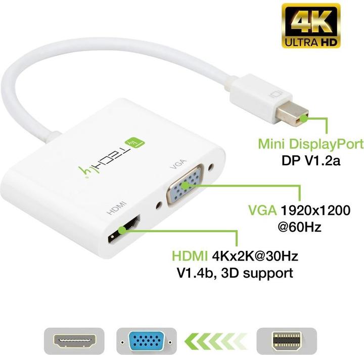 Produktbild Techly IADAP-MDP-VGAH12. Kabellänge: 0,15 m, Anschluss 1: Mini DisplayPort, Anschluss 2: HDMI + VGA (D-Sub) (HDMI, Mini DP, 6 cm)