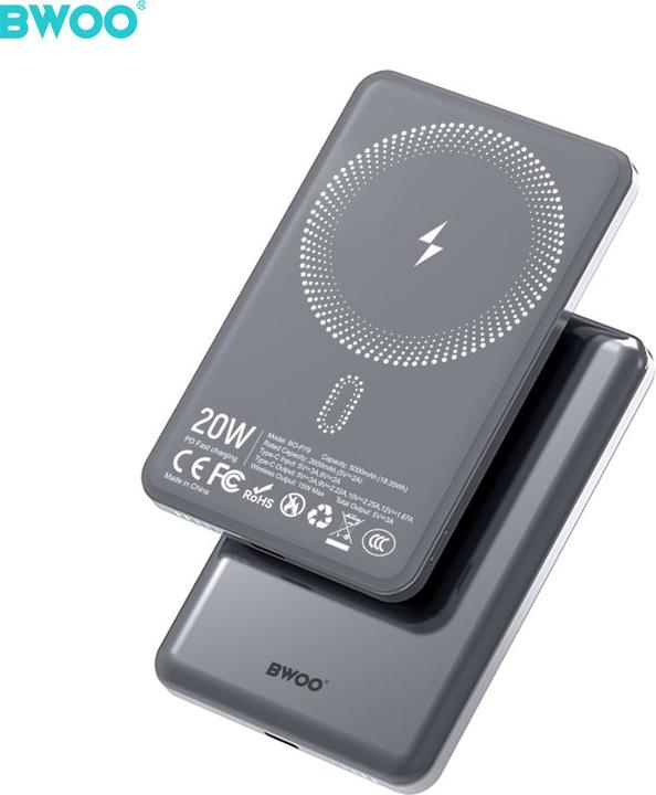 Actual product image Bwoo Ultra Slim Power Bank 5000mAh with magnetic charging P79 Grey (5000 mAh, 20 W)