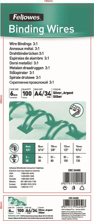 Produktbild Fellowes Drahtkamm 6mm, 34 Schlaufen, silber, 100 Stk.